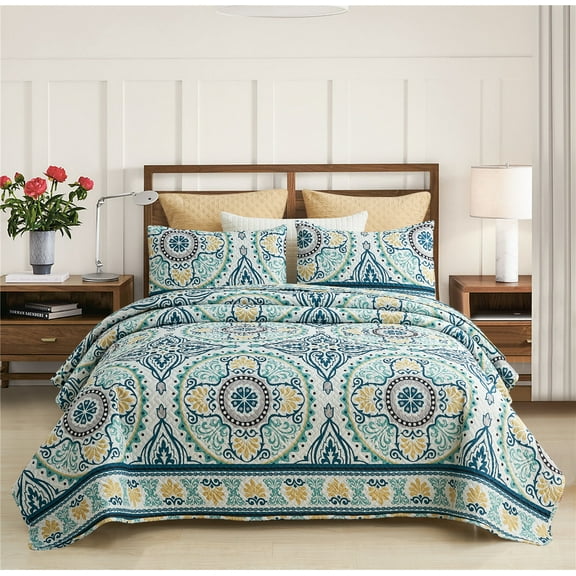 JML Quilt Set 3 Piece, Embossed Bedspread Bedding Set with 2 Shams, King, Atrovirens & Yellow