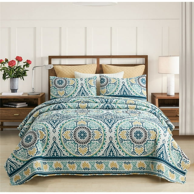 JML Quilt Set 3 Piece, Embossed Bedspread Bedding Set with 2 Shams, Queen, Atrovirens & Yellow