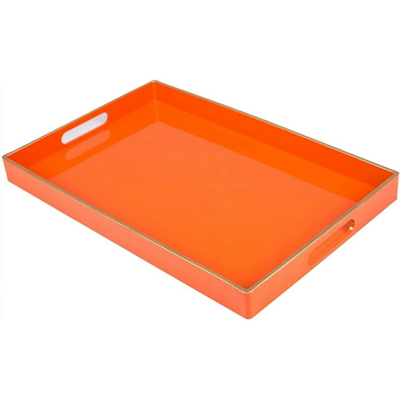 MAONAME Orange Serving Tray with Handles, Modern Decorative Tray for Coffee Table, Plastic Rectangular Tray for Ottoman, Bathroom, Halloween Decor, 15.75 x 10.2 x1.57