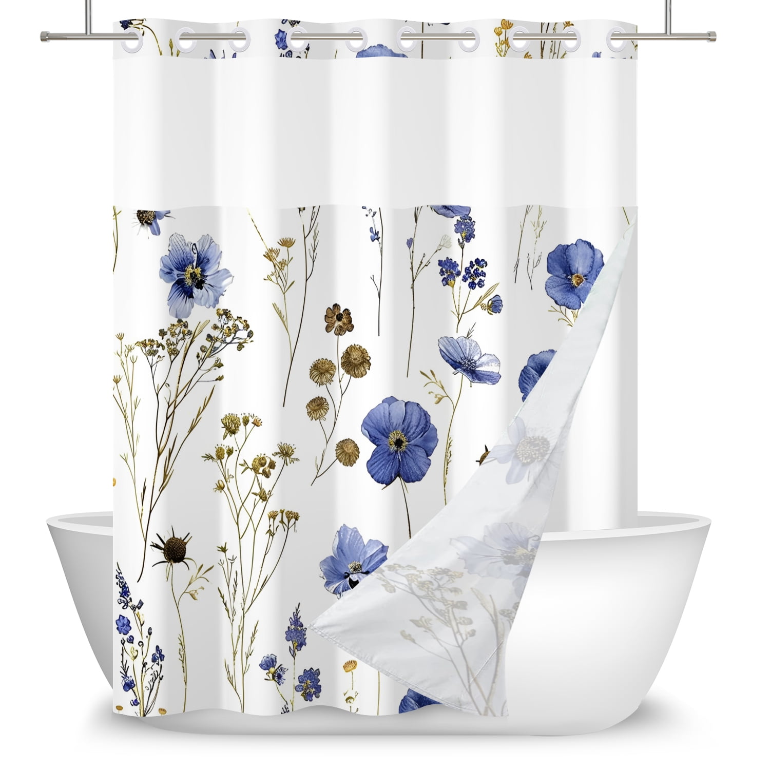 Mizhona Blue Flower Shower Curtain with Snap in Liner,Rustic No Hook Fabric Bath Curtain,71"× 74"