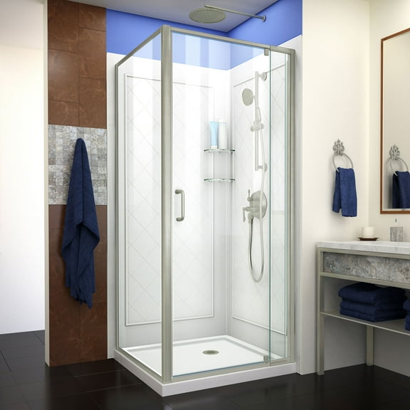 DreamLine Flex 32 in. D x 32 in. W x 76 3/4 in. H Semi-Frameless Shower Enclosure in Brushed Nickel with White Base and Backwalls