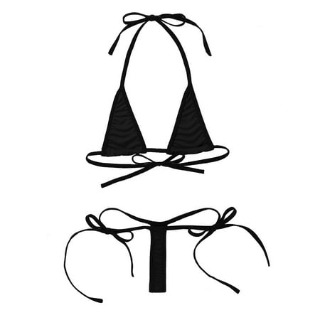 Aiihoo Women s Micro Bikini Swimwear Halter Neck Minimal Cover Bra with Low Rise G-String Black One Size