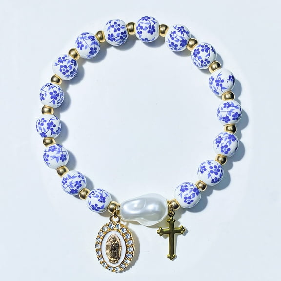Z.LP Jewelry Virgin Mary Cross Charm Bracelet with Blue and White Porcelain Beads & Baroque Pearl