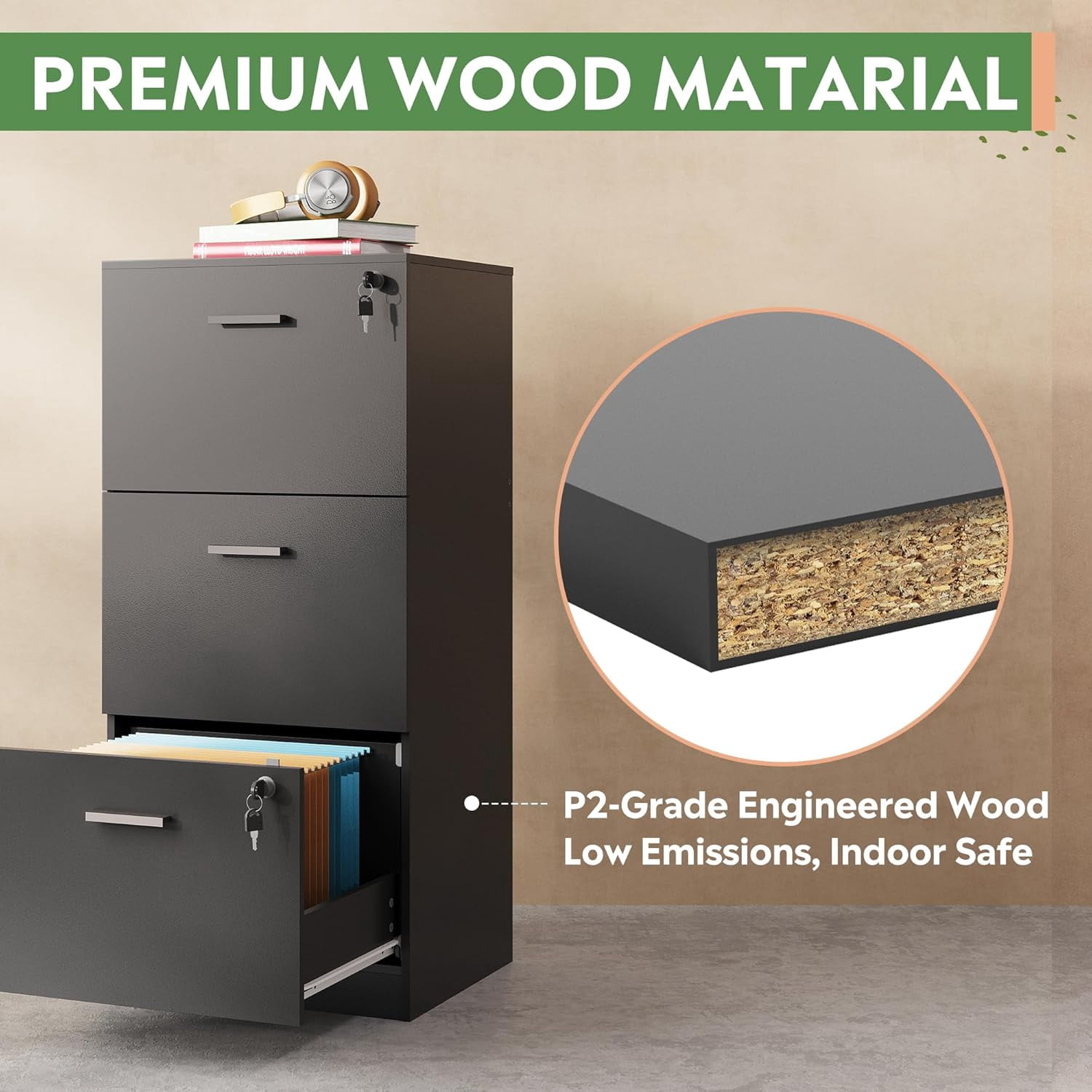 3 Drawer File Cabinet with Lock, Vertical Wood Filing Cabinet for Home Office, Printer Stand for Letter and A4 Size, Black