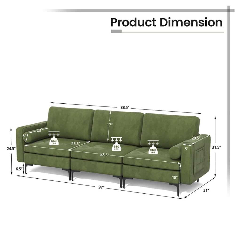 Finihen Sectional Sofa Couch, Sofa Bed, 3-Seat Sofa Sectional with Side Storage Pocket and Metal Leg, for Living Room, Army Green Finihen Sectional Sofa Couch, Sofa Bed, 3-Seat Sofa Sectional with Side Storage Pocket and Metal Leg, for Living Room, Army Green