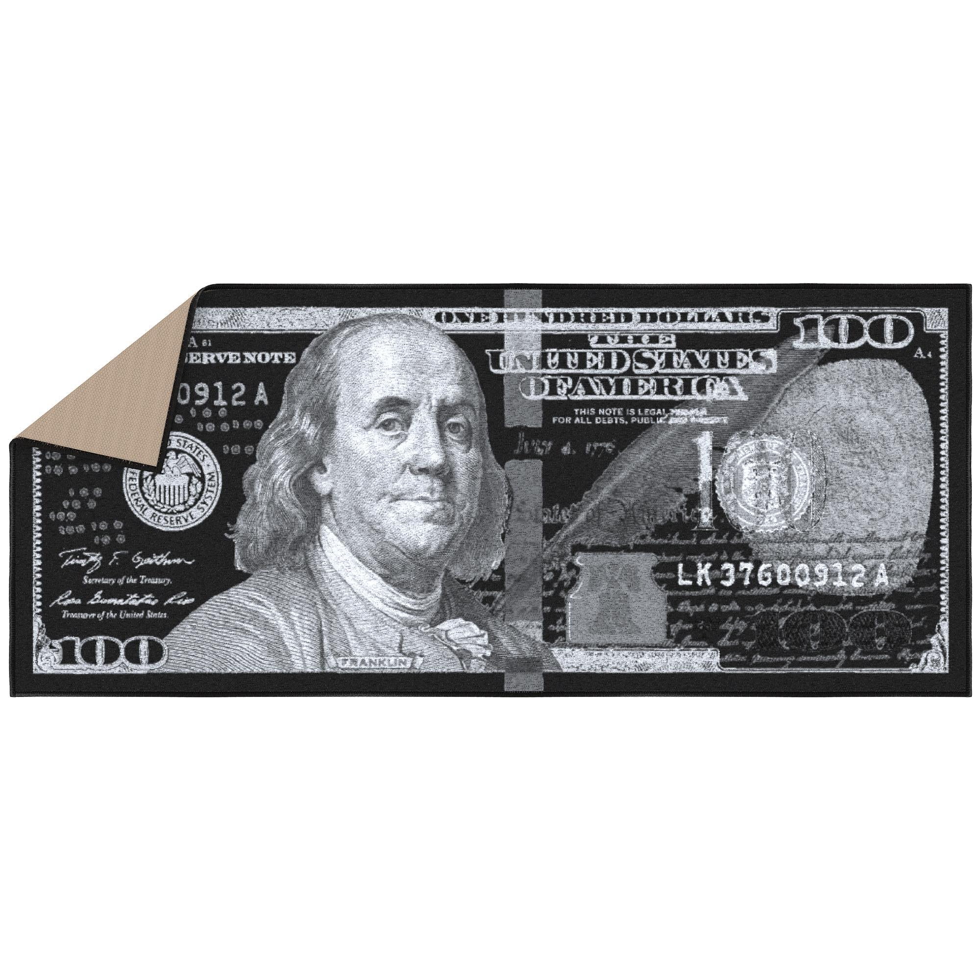 Ottomanson 100 Dollar Bill Non-Slip Rubberback 22x53 Money Rug, 22" x 53", Black