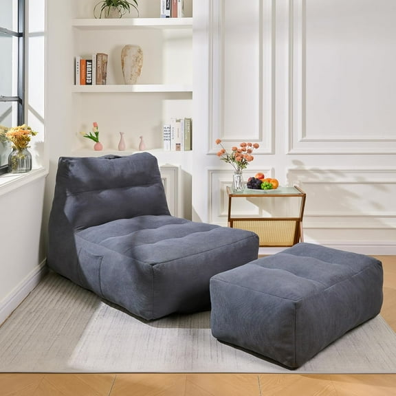 Baxluxe Bean Bag Chair with Ottoman, Corduroy Fabric Bean Bag Chairs with Memory Foam, Comfy Bean Bag Sofa Couch, Lounge Chair Beanbag with Filler, Lazy Sofa Couch for Reading, Gaming, Bedroom, Gray