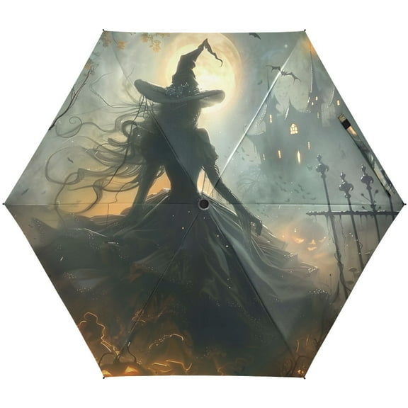 JSTEL Witch Halloween Folding Umbrella for Rain Sun Travel Mini Lightweight Compact Umbrellas