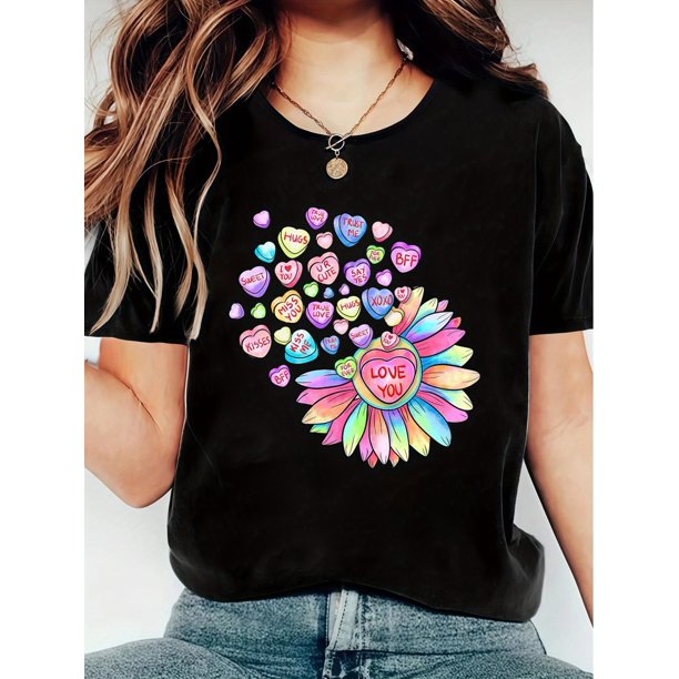 Women's Casual Crew Neck Valentine's Day T-Shirt with Colorful Heart & Sunflower Design, Stretchy Knit Fabric, Machine Washable - Perfect for All Seasons Tee For Adult, Men, Women, Teen, Teenager, Ad