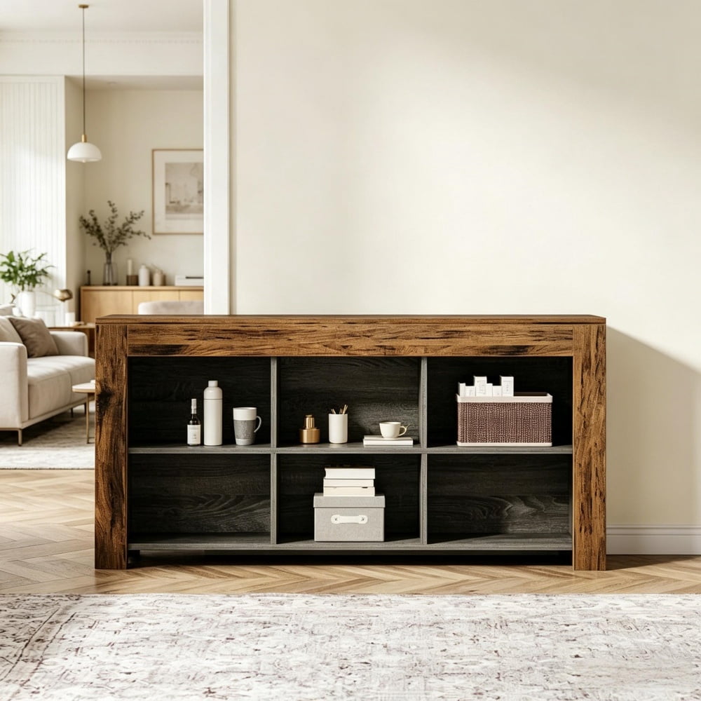 63 in Horizontal Bookshelf with 6 Storage Cubes, MDF, Rustic Industrial Style