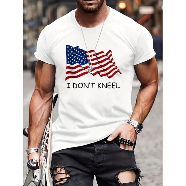 Men's Patriotic "I DON'T KNEEL" American Flag Graphic T-Shirt -Crew Neck, Short Sleeve, All-Season Wear, Machine Washable