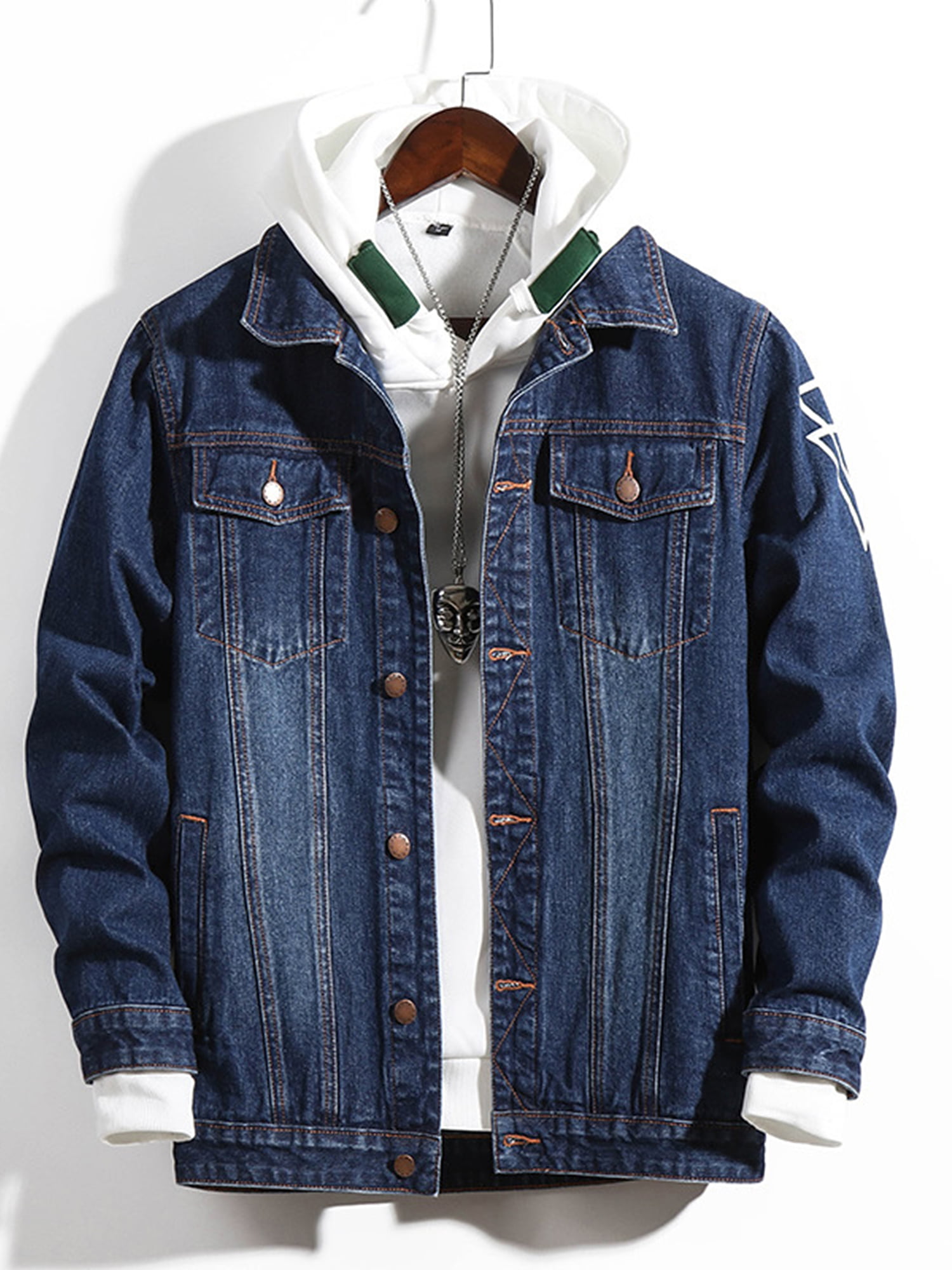 Tebreux Men's Jean Jacket Hoodie Denim Button Down Trucker Coat Casual Distressed Outwear 