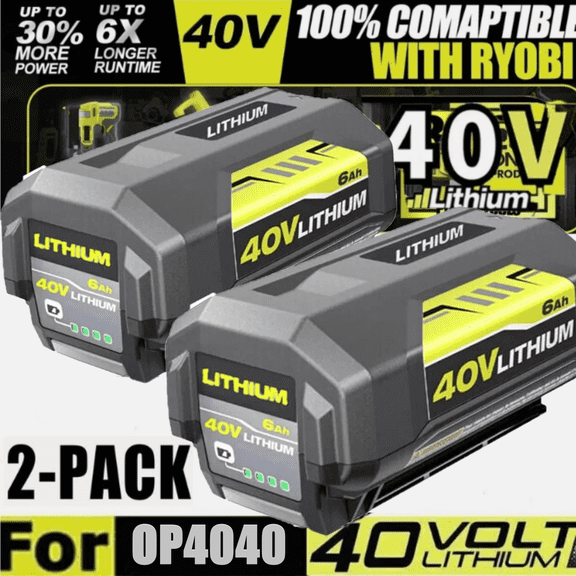 2Packs OP4040A1 40V 6.0Ah Lithium-ion Battery Replacement for Ryobi 40V Battery OP4040 OP4050A OP4026 OP40201 With LED Indicator