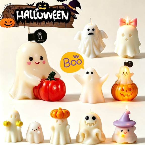 Halloween Ghost Candles, Halloween Decorations Indoor, Cute Spooky Fall Decor Burning White Scented Wax Candles Gifts for Boo Basket Stuffers , Room Mantel Table Decor