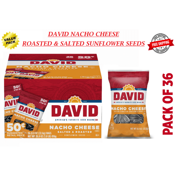 DAVID Sunflower Seeds, Nacho Cheese, 0.8-Ounce Bags (Box of 36 Count) - On Sale