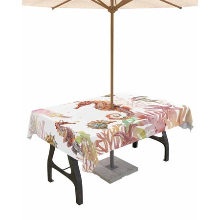 Seahorse Jellyfish Coastal Coral White Rectangle Tablecloth with Zipper Waterproof Table Cloth with Umbrella Hole Patio Tablecloths for Outdoor Tables Summer Ocean Nautical Spillproof Table Cover