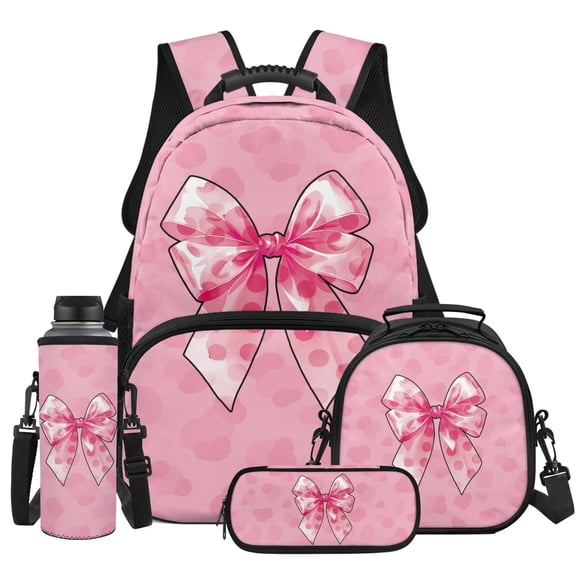 Yspwyqan Pink Bow School Backpack Set for Kids, 4Pcs with Lunch Box Pencil Case Water Bottle Bag, Polka Dot 17 Inch Lightweight Bookbag for Elementary Middle School