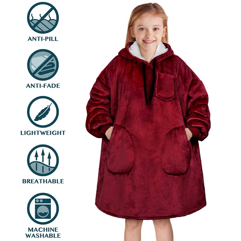 Red Mushrooms Kids Wearable Blanket Hoodie With Pockets - Oversized