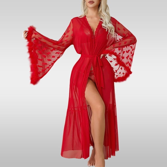 Womens Lingerie Women's Mesh Trim Long Sleeve Belted See Through Robes Bride Exotic Sleepwear Nightwear Clothes