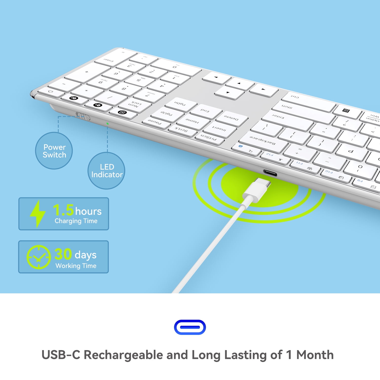 AUSDOM Full Size Keyboard with Number Pad - 2.4G Wireless Bluetooth, Quiet Slim Multi-Device Rechargeable | Compatible with PC/Mac/Windows - White