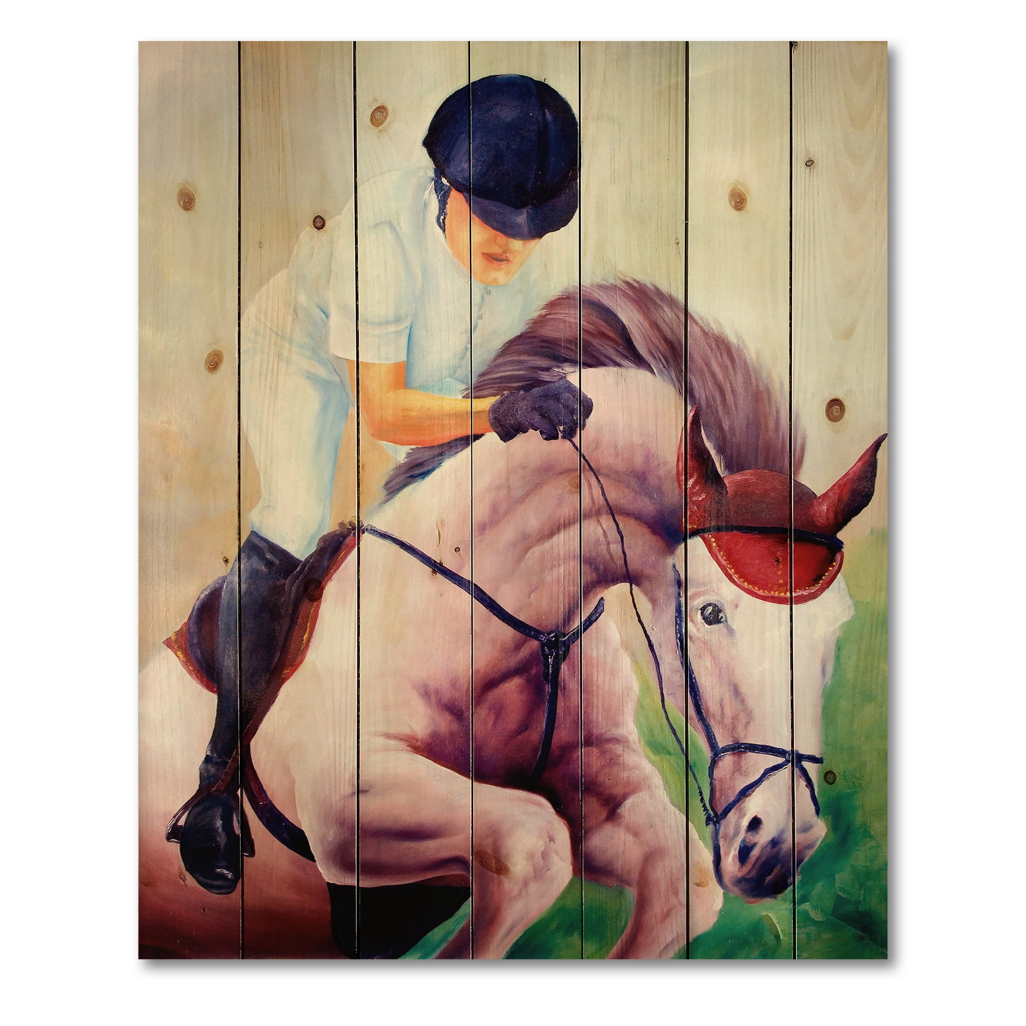 Designart 'Jockey On Galoping Pink Horse' Farmhouse Print on Natural Pine Wood