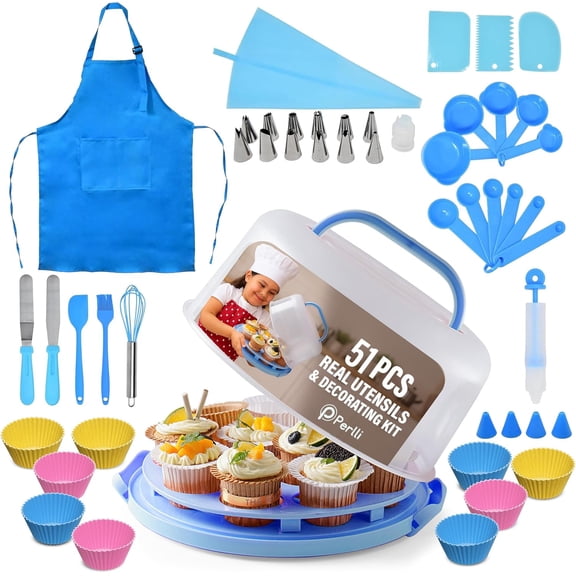 Perlli Cake & Cupcake Baking Tool Set with Carrier, 51-Piece Food Grade Utensils, Apron & Decorating Kit, Blue