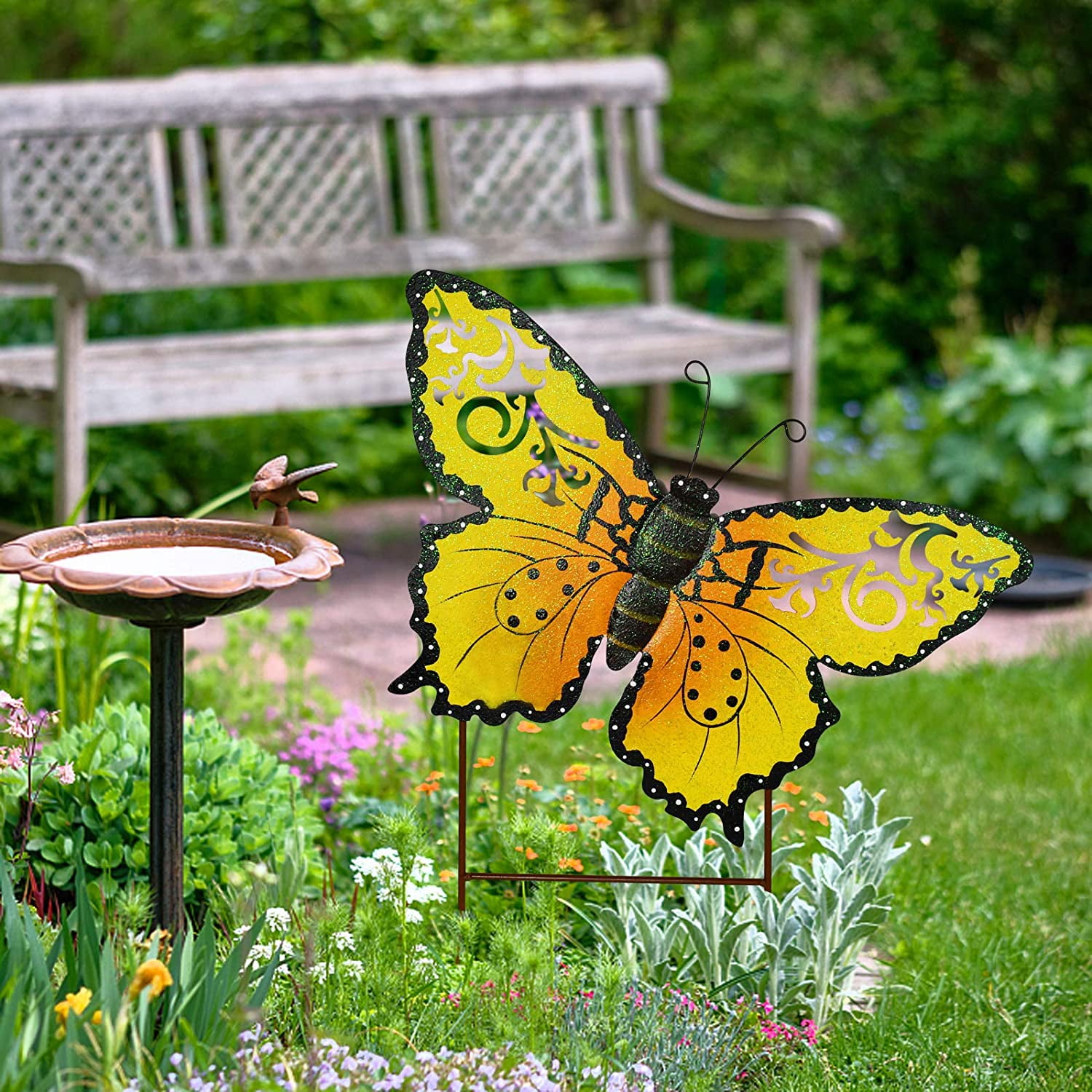 Outdoor Thermometer Decorative Butterfly Garden Stakes with Metal Bird  Feeder for Lawn Yard Patio Decorations