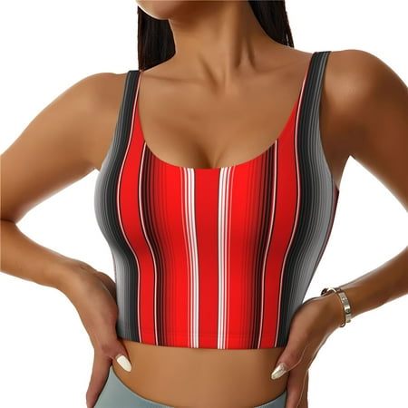 Haiem Red Black and White Serape Blanket Stripes Pattern Womens Sports Bra - U Neck Padded Low Impact Yoga Bra Workout Crop Top Gym Moisture-Wicking Workout Vest-XX-Large