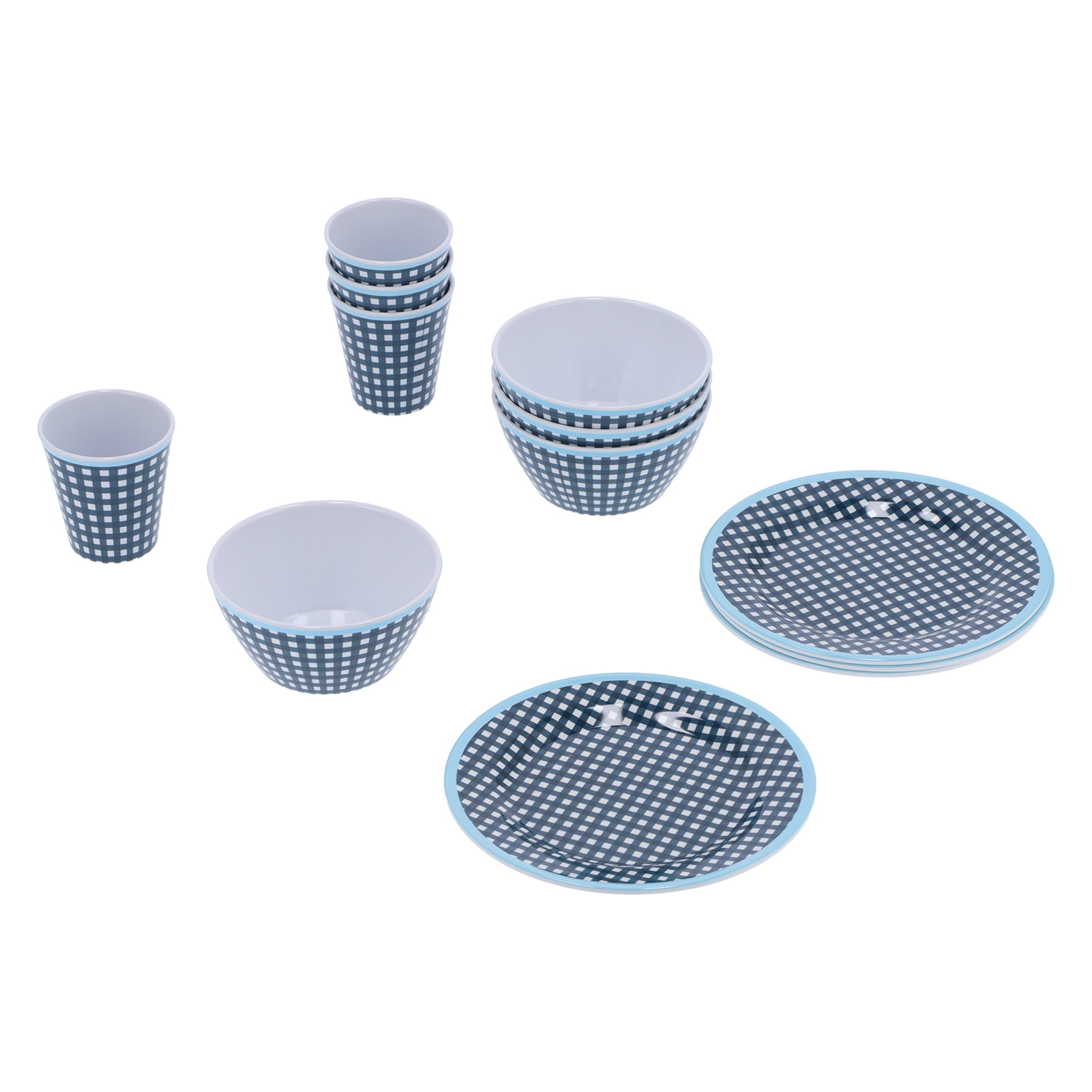 YAHHU 12-Piece Melamine Tableware Set, Dark Blue Grid Pattern Dinnerware Dishes Includes 4 Cups, 4 Bowls, and 4 Plates for Home Kitchen Restaurant Daily Use, Service for 4, Lightweight