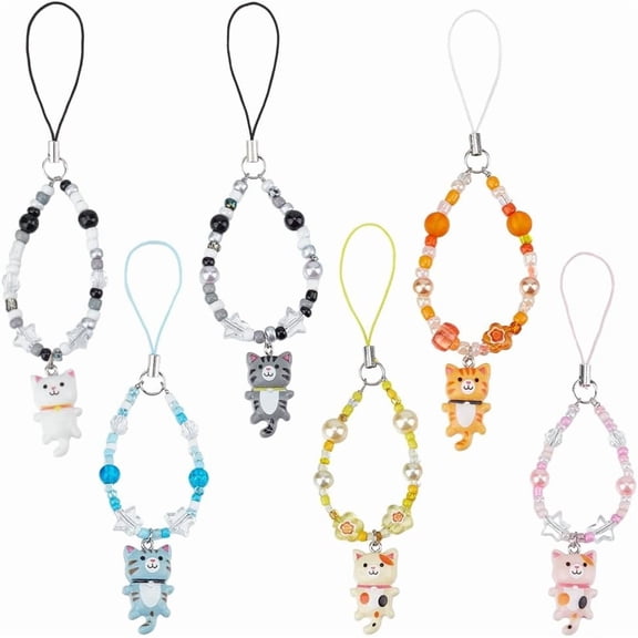 6 Styles Cell Phone Strap Charms Cat Pendant Charm Portable Keychain Strap Star Beads Phone Accessories