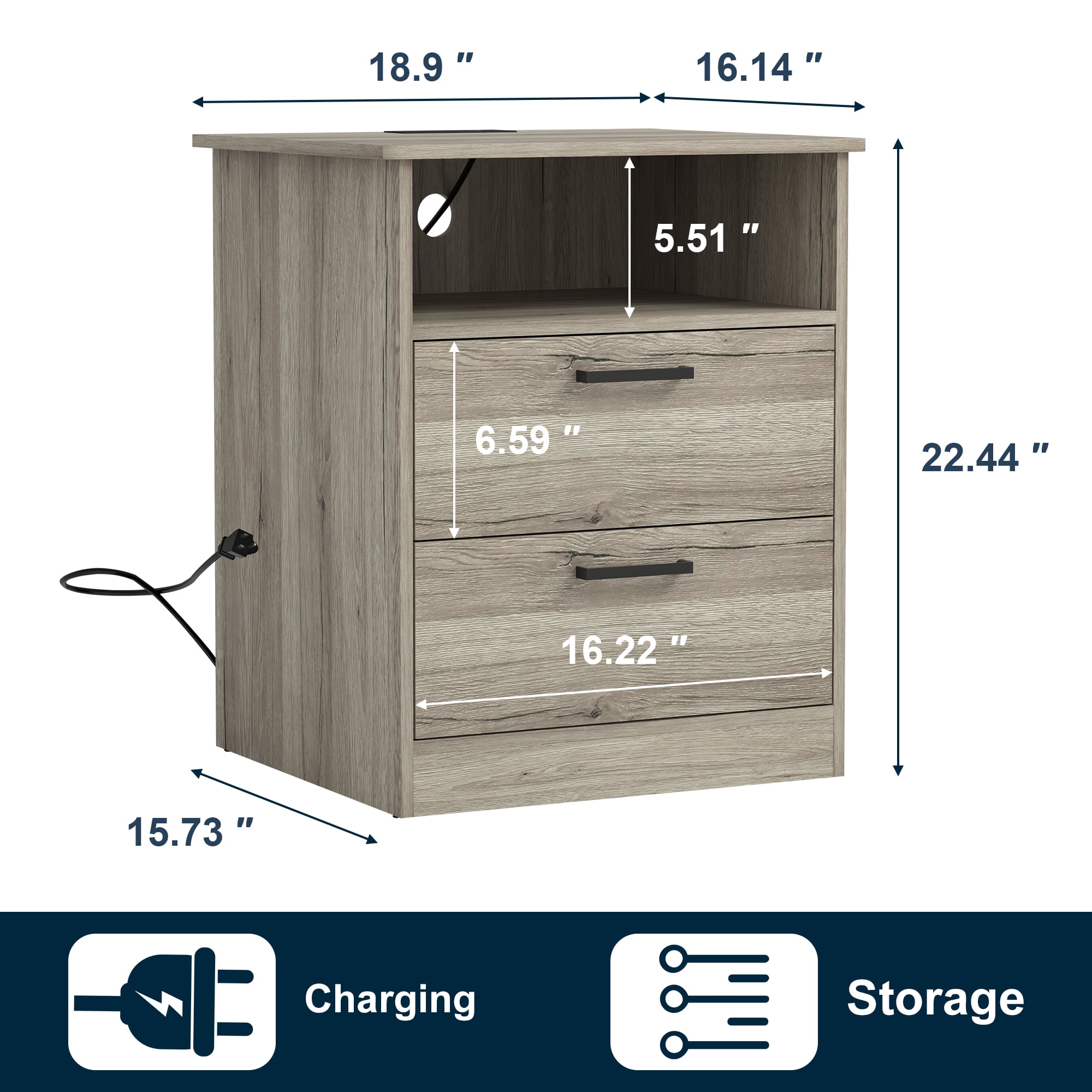 Demi Bonn 18" Side Table with Fast Charging Station USB C Cable Fast Charging, End Table Nightstand with Drawer and Shelf for Bedroom, Living Room, Gray