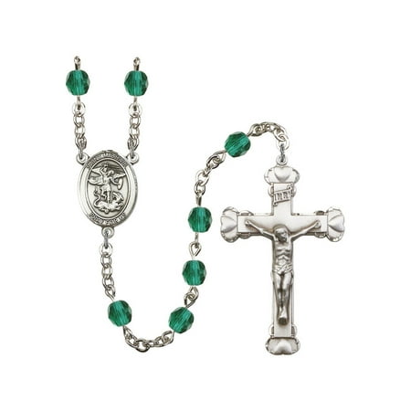 St Michael Rosary St. Michael the Archangel Silver-Plated Rosary 6mm December Blue Fire Polished Beads Crucifix Size 1 5/8 x 1 medal charm ()