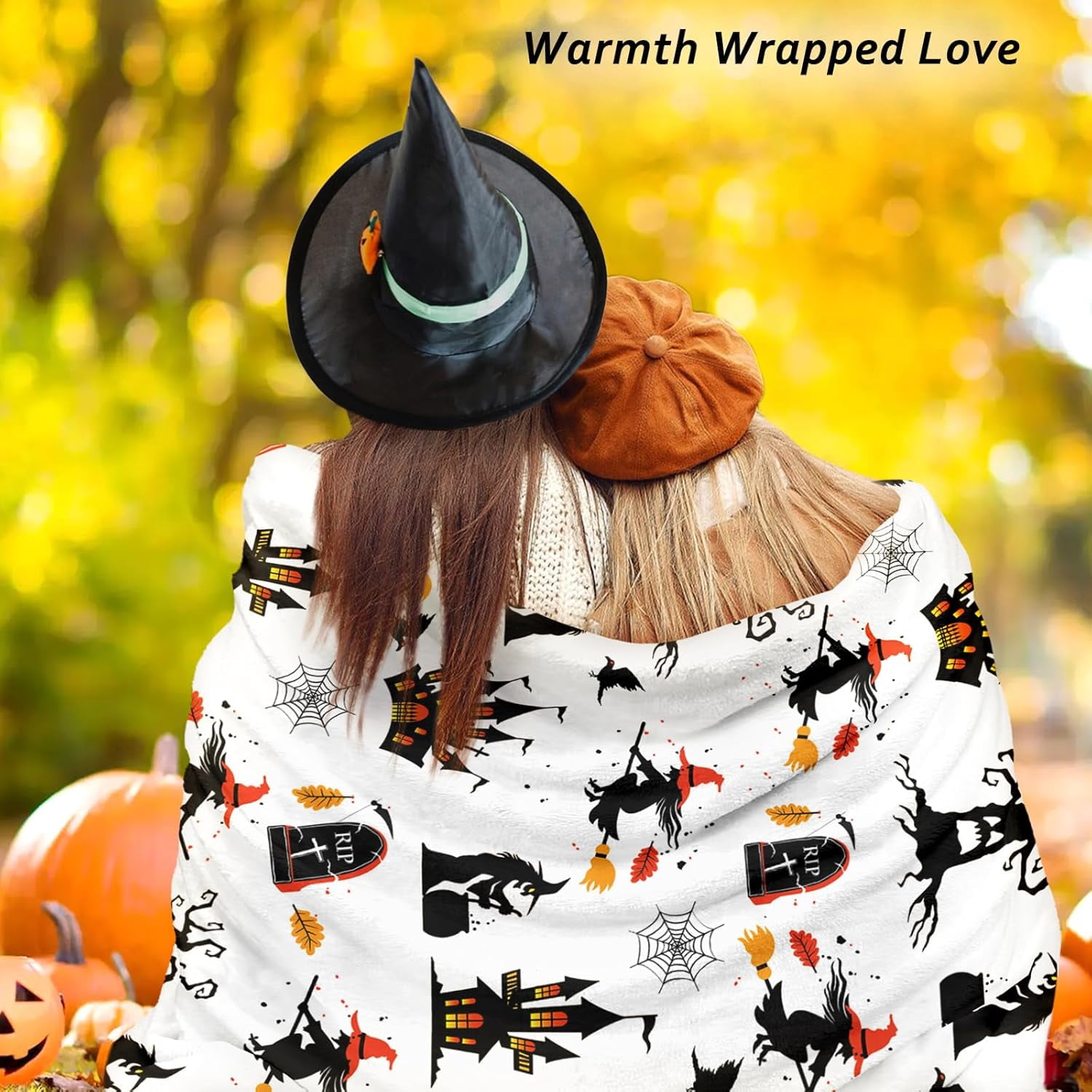 Halloween Fleece Throw Blanket, Spooky Black Witch Bats Tombstones Plush Soft Lightweight Flannel Fleece Blanket 50"x60"
