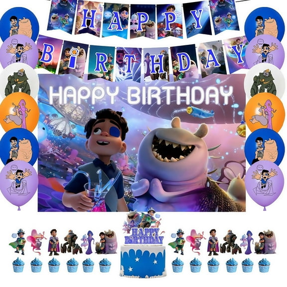 Cartoon Elio theme birthday party supplies decoration, birthday set includes birthday banner, background cloth, balloons, cake decoration, suitable for boys and girls birthday party supplies