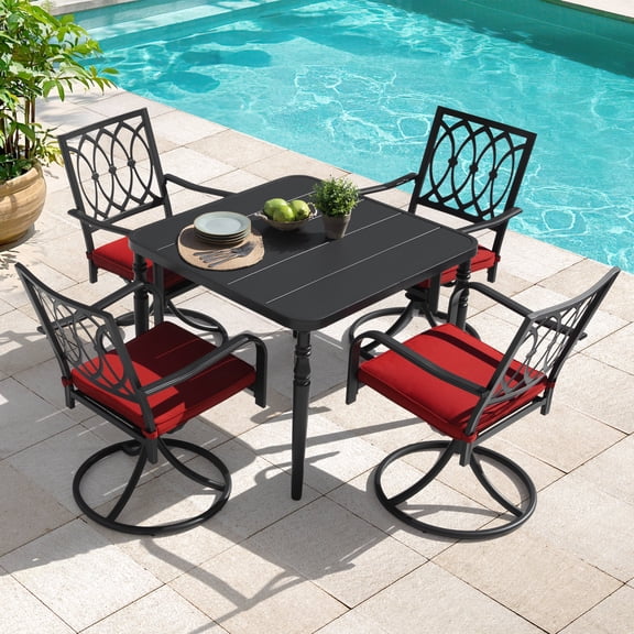Nuu Garden 5-Piece Outdoor Patio Dining Set, 37 Inch Square Table with Umbrella Hole and 4 Swivel Chairs with Removable Cushions, All-Weather, Black and Red