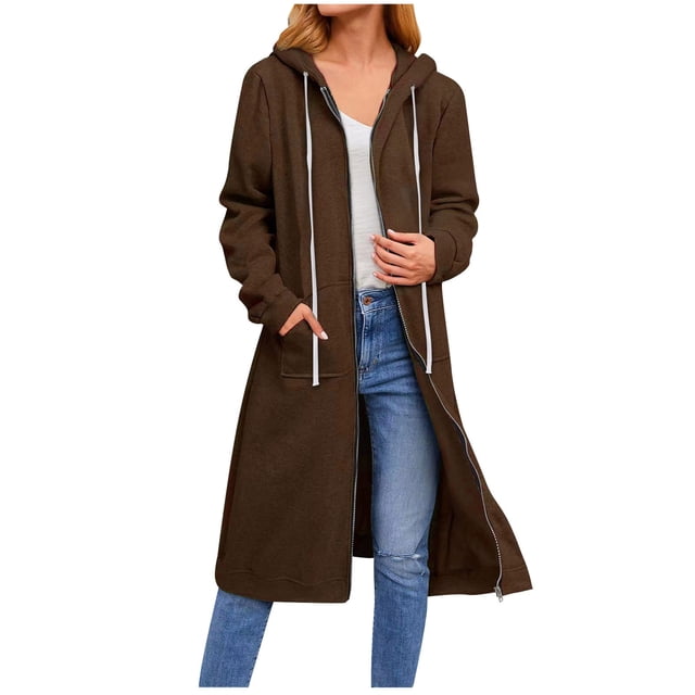 ICHUANYI Clearance Women Casual Long Sleeve Loose Fashion Pocket Zipper Solid Hooded Coat(Coffee, XL) ICHUANYI WER2023081012019