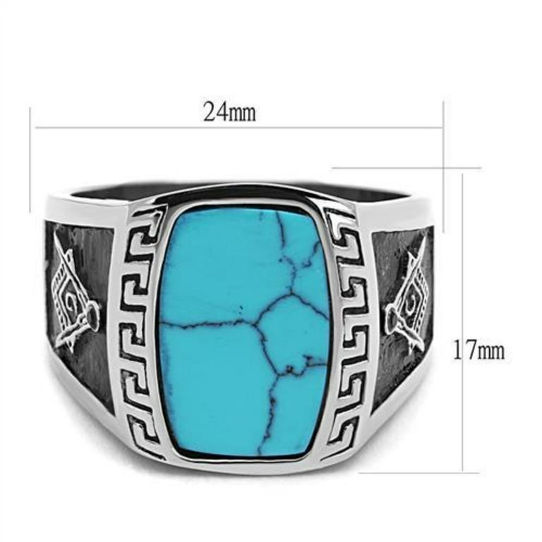 Luxe Jewelry Designs Stainless Steel Men s Masonic Ring with Sea Blue Synthetic Turquoise Stone
