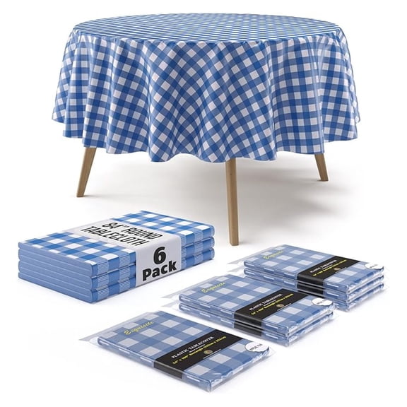 Picnic Table Cover - 6 Pack Premium Round Plastic Tablecloth - Dark Blue & White Checkered BBQ Table Cover - Gingham Checkered Disposable Plastic Tablecloth 84 inch. Round