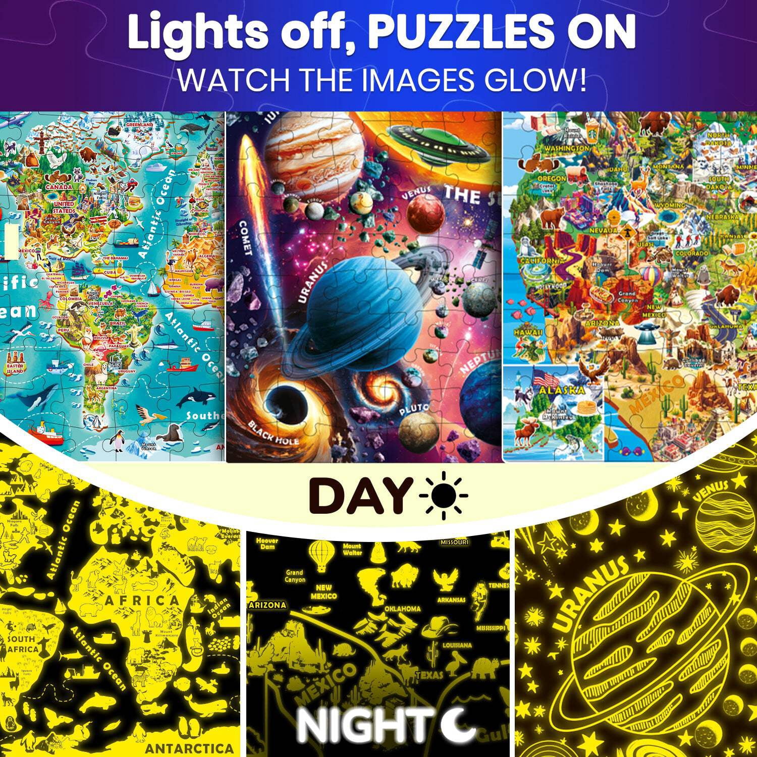Quokka Puzzles for Kids Ages 4-6 - 100 Pieces Floor Puzzles for Kids - Glow-in-The-Dark USA World Map Puzzles
