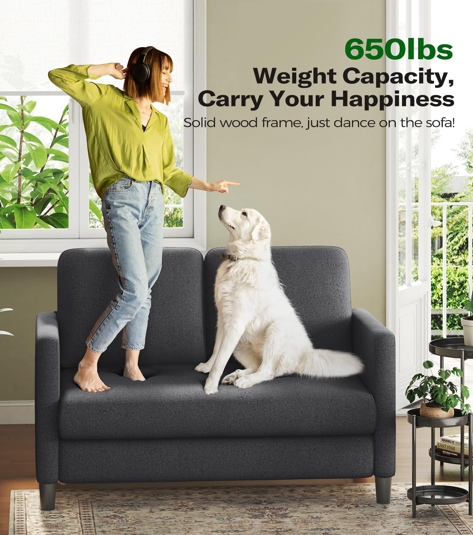 Welzona 51" Teddy Fabric Loveseat Sofa, Small 2-Seater Couch for Small Spaces, Tool-Free Assembly, Grey