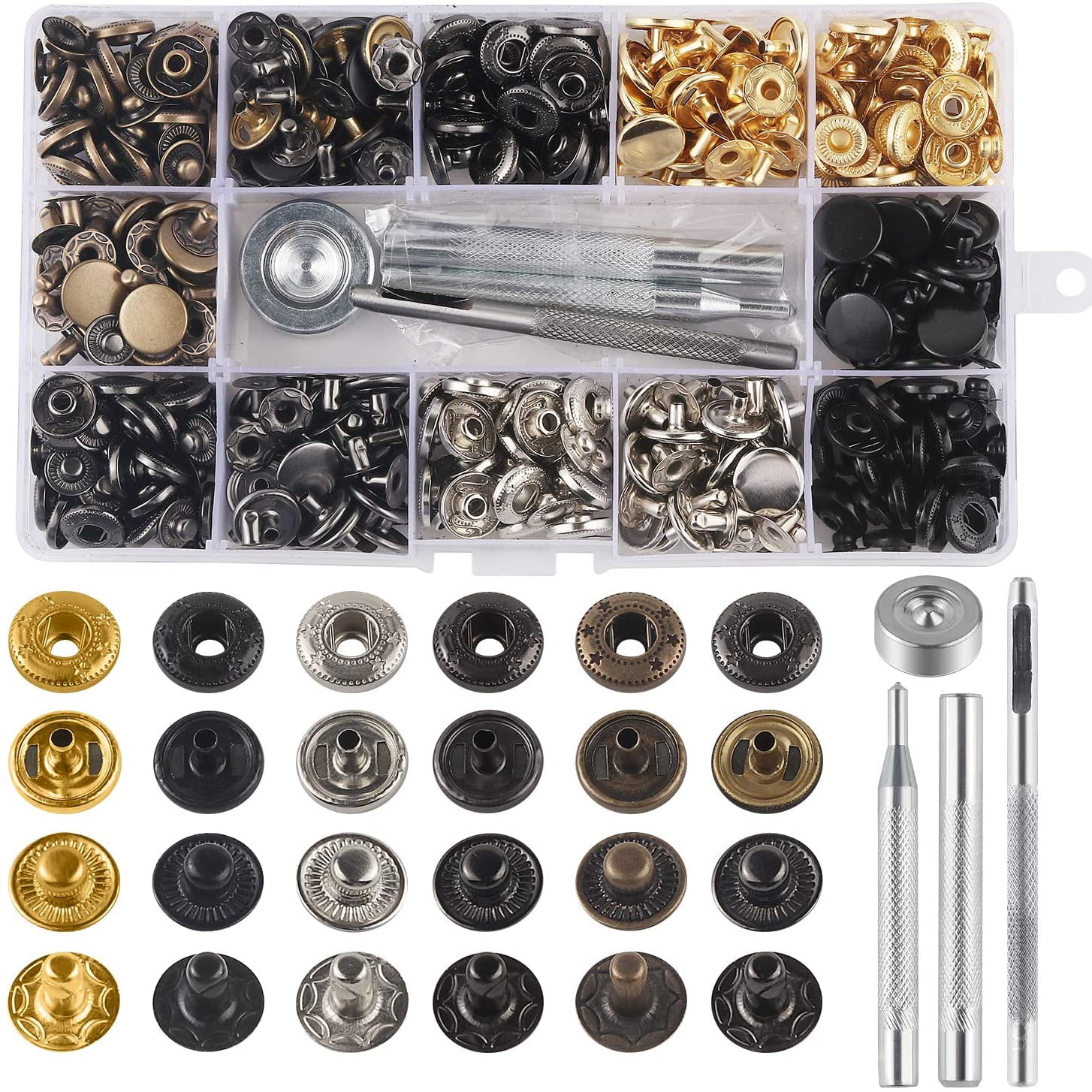 50 Metal Press Buttons,Snaps Fasteners Kit,Button Press Studs with 9 Pieces Fixing Tools for Trousers,Jackets,Jeans Pin Buttons 