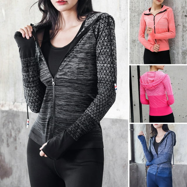 Vestes de Survêtement pour Femmes à Fermeture Éclair Complète, à Capuche, Raglan, Manches Longues, Trous pour les Pouces, Légères, Ajustées, Course, Entraînement