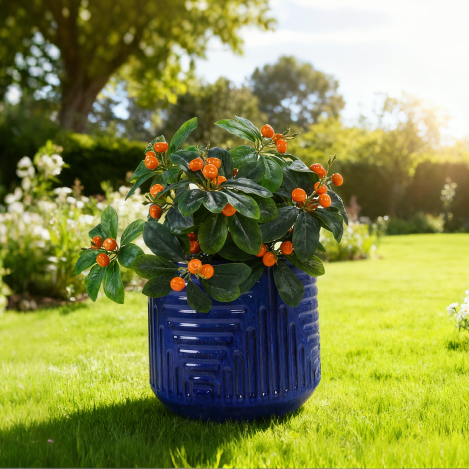 16" Dia Round Planters for Indoor Plants, Large Outdoor Planters with Drainage Holes, Ceramic Plant Pots Indoor & Outdoor for Home Garden Patio - Dark Blue
