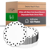 Smarty Had A Party White Plastic Plates, Disposable Dinner Plate with Black Round Dots Blossom Design, 10.25" Elegant Dinnerware for Wedding, Birthday & Other Occasions (120 pcs)