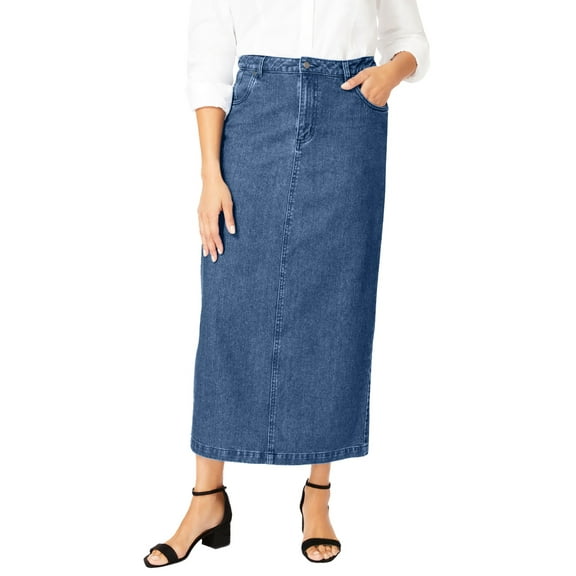Jessica London Women's Plus Size Classic Cotton Denim Midi Skirt Pockets Long Jean Skirt