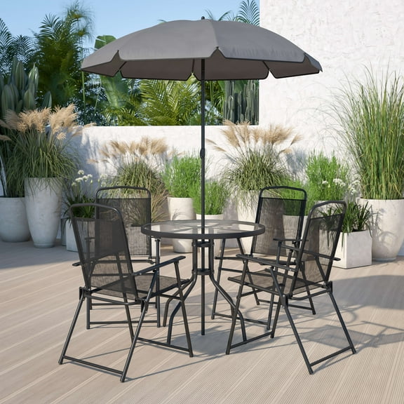 Emma   Oliver 6 Piece Black Patio Garden Set with Umbrella Table and Set of 4 Folding Chairs