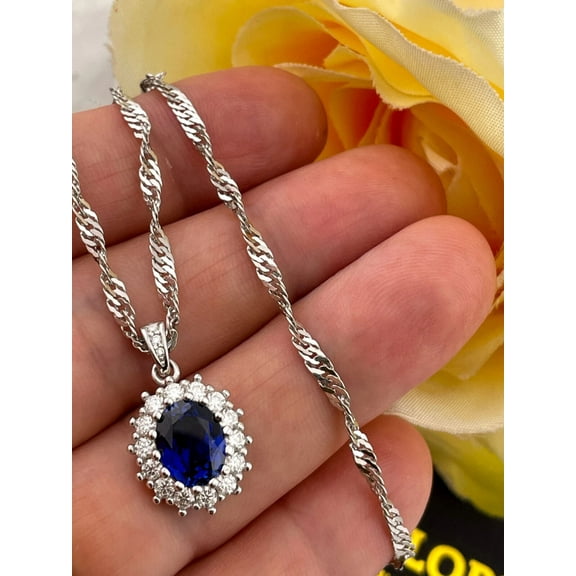 Classic Gems 3.00 CT Oval Cut Lab Created Blue Sapphire Women's Halo September Birthstone Pendant 14k White Gold Silver Plated 925 Sterling