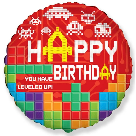 18 inch Level Up Happy Birthday Pixel Gamer Foil Mylar Balloon - Party Supplies Decorations