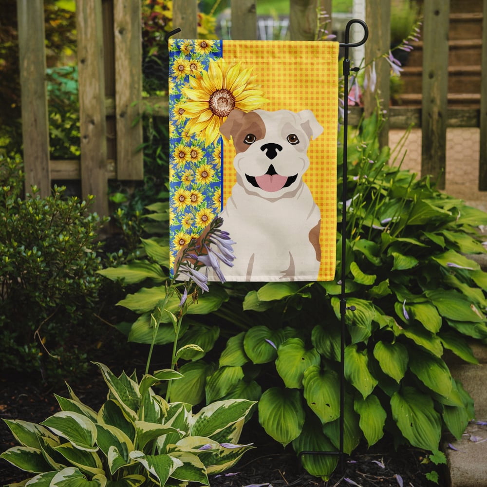 Summer Sunflowers Piebald English Bulldog Flag Garden Size 11.25 in x 15.5 in