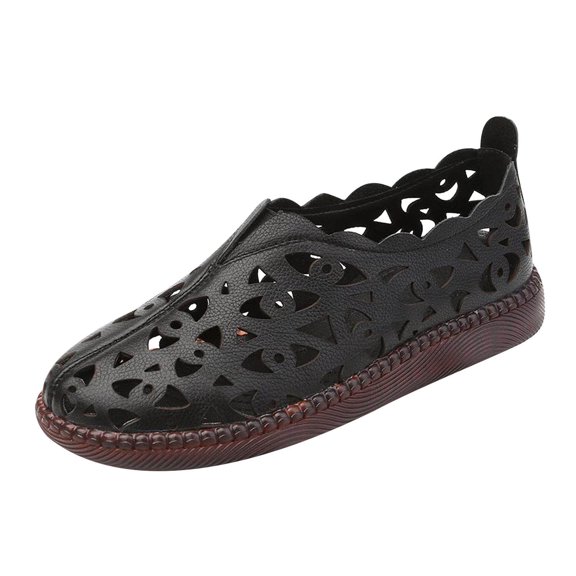 TKYCMSUAKI Women's Ballet Flats Black PU Leather Dress Shoes Comfortable Casual Black Flats Round Toe Slip on Flats with Breathable Eyelets Summer Shoes